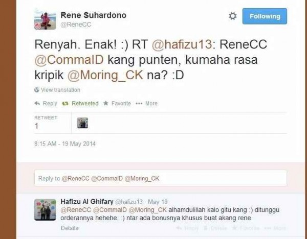 Testimoni dari Mas Rene Suhardono terhadap keripik Moring Cangkang Kerang Garut (Dok. Hafiz)